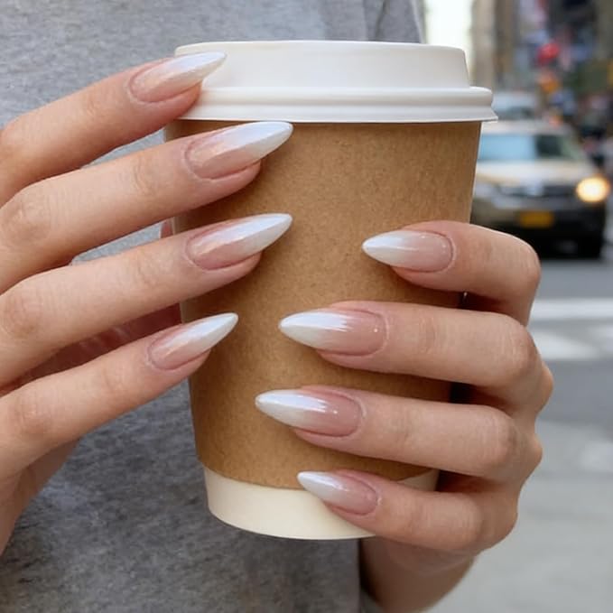 Ombre Press on Nails Almond Fake Nails with Design Chrome False Nails Press ons Medium Glossy Full Cover Acrylic Glue on Nails Artificial Stick on Nail for Women Manicure 24Pcs