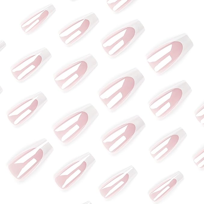 French Tip Press on Nails Medium Square Fake Nails Chrome Mirror False Nails Press ons Glossy Glue on Acrylic Nails for Women Manicure Decoration 24Pcs