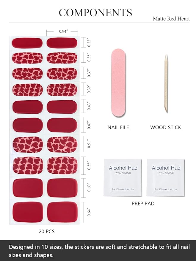 Semi Cured Gel Nail Strips (Matte Red Heart), Valentine's Day, 20 Pcs Gel Nail Wraps, Stickers, Salon Quality, Works with Any UV Lamps