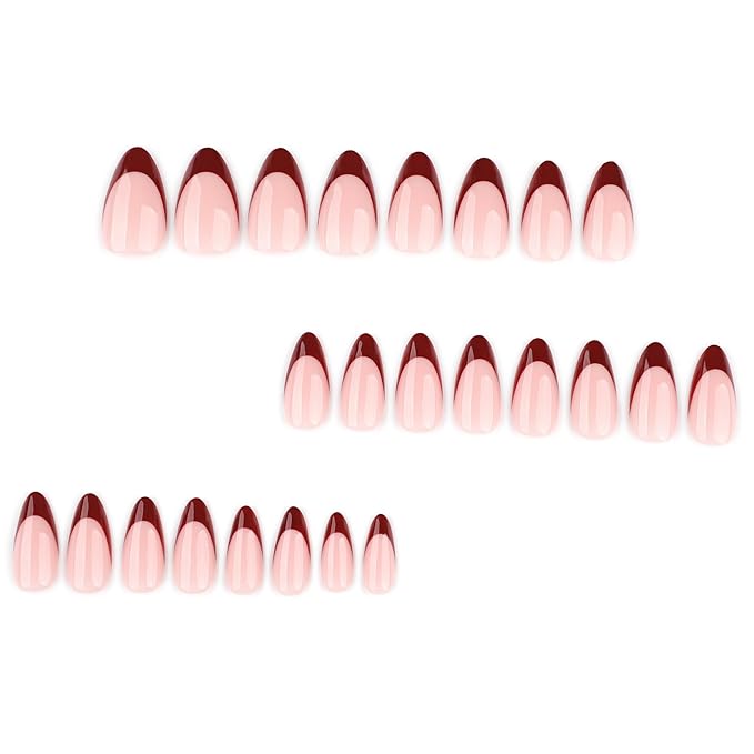 Press on Nails Almond Medium - Wine Red French Tip Fake Nails - Glossy Full Cover Stick on Nails Press Ons - for Women Manicure 24 Pcs