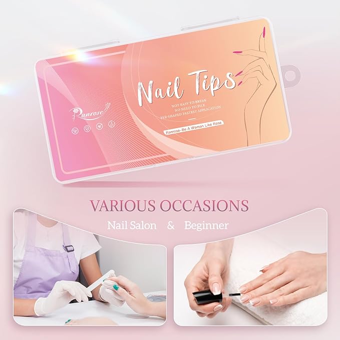 Ranrose Long Almond Nail Tips with Handle, 240PCS Half Cover Acrylic Fake Nails, 12 Sizes No C Curve Gel Nail Extension Tips for Professionals DIY Beginners
