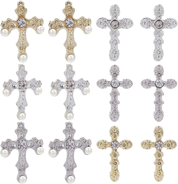 SUNNYCLUE 1 Box 60Pcs Cross Nail Charms Easter 3D Pearl Beads Nails Charms Bulk Mini Small Cross Bead Flatbacks Rhinestone Diamond Nail Art Charm Golden Silver Nail Cross Charms for Nails Decoration
