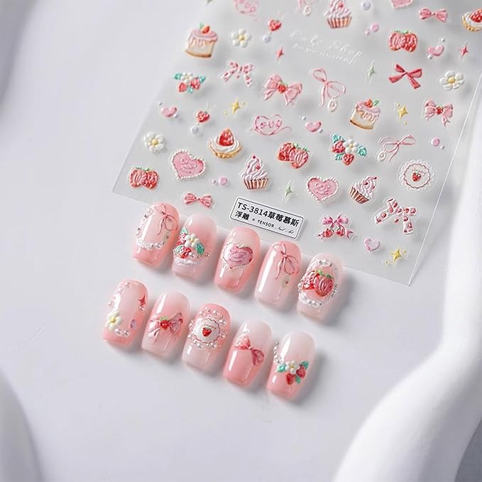 5D Embossed Nail Art Stickers Pink Nail Decals Bow Heart Cake Design Nail Stickers Cute Strawberry Nails Decoration for Women Grils Manicure Accessories