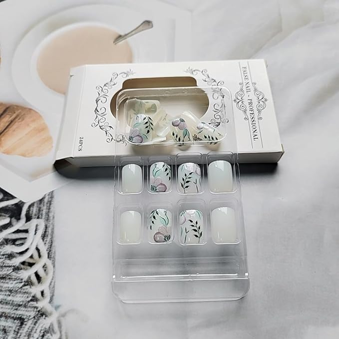 Press on Nails Square Short Fake Nails Press ons Artificial Acrylic Nail Tips Kit Full Cover False Nail with Flowers Leaves Glossy Designs Stick on Nails for Women 24Pcs