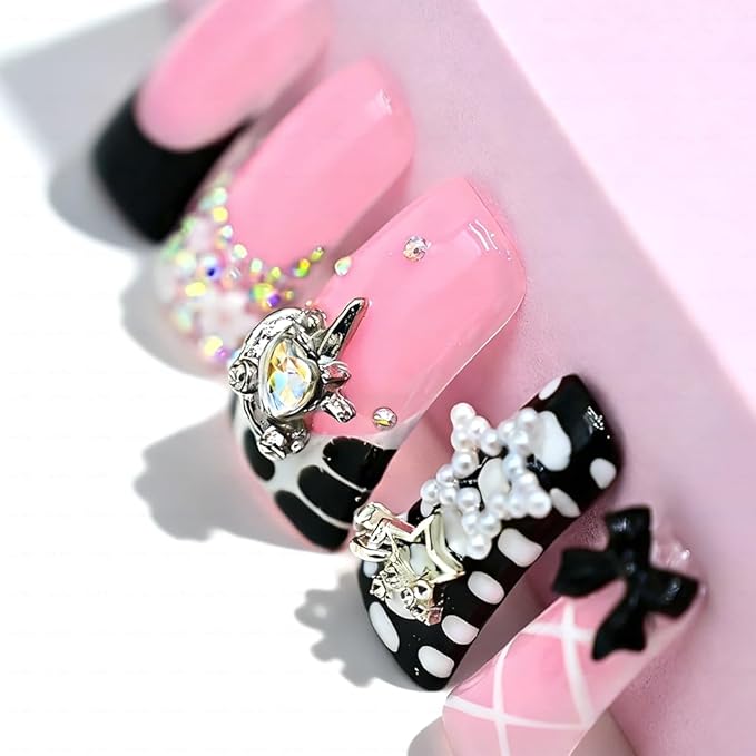 10 Pieces Luxury Acrylic Press On Nails Long Handmade Duck Nails, Black Thickened False French Nails, With 3D Bowknot And Stars, Reusable Fake Nails, Acrylic Nails (L)