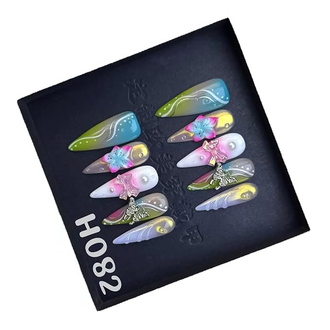 100% Handmade Press on Nails Long Stiletto Fake Nails 5D Flower Glue on Nails Ombre Green False Nails Butterfly Bow Charms Water Ripple Handmade Nail for Women Girls Daily Wear Manicure 10pcs Size L