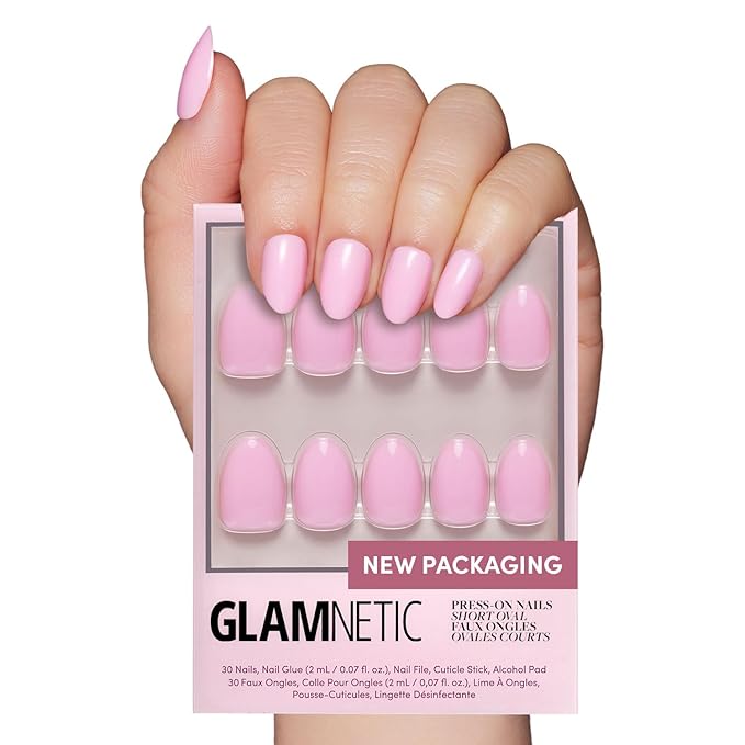 Glamnetic Press On Nails - Think Pink Fake Nails | Solid Opaque Light Pastel Pink Short Oval Nails, Salon Quality | 15 Sizes - 30 Nail Kit with Glue