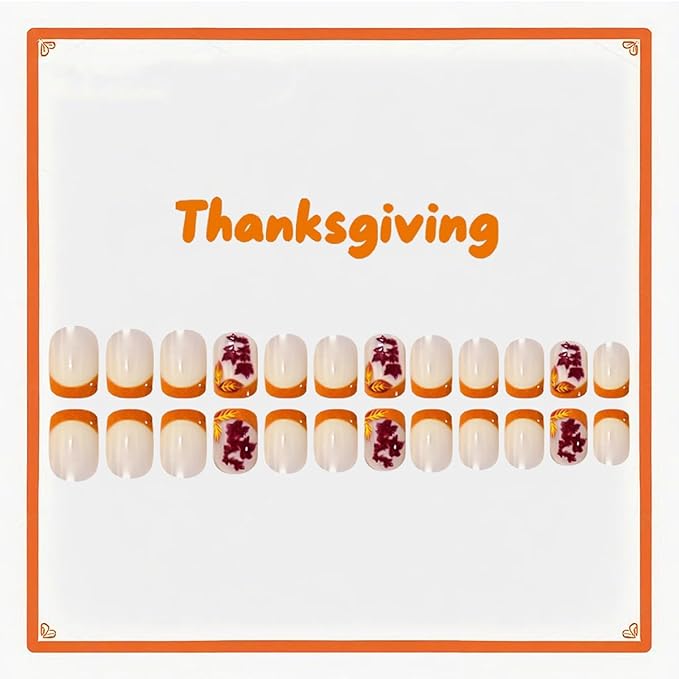 Orange French Press on Nails Short Square Fake Nails Fall False Nails Press ons with Maple Leaf Design Glossy Full Cover Stick on Nails for Women Thanksgiving Manicure, Reusable | Artificial | 24Pcs