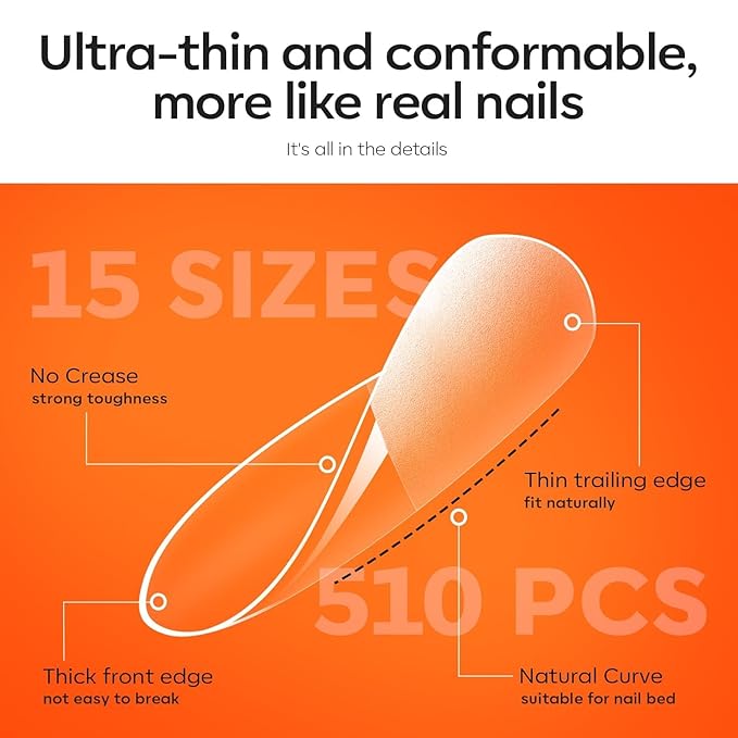 modelones Gel Nail Kit Almond, Upgrade 15Sizes Fake Nails, 9-in-One Glue Dehydrator & Mini U V Light Clipper, 510Pcs Medium Almond Press on Tips for Extension DIY Salon Home Gift (Pack of 2)