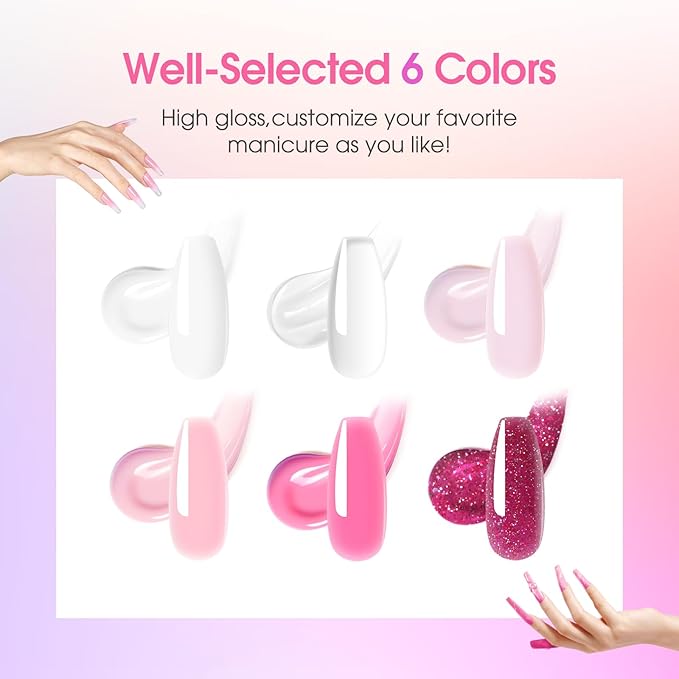 ROSALIND White Pink Glitter Christmas Poly Nail Gel Set, 6 Colors 0.34 oz/10 ml Nail Enhancement Thicker Gel Poly Extention Gels Nail Strengthener for Beginner, Manicure 3D Diy Set Need U V/LED Light