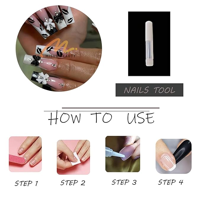 MISUD Press on Nails - Long Square Fake Nails with Black White French Tip, Acrylic Lip Rhinestone Design 24 pcs