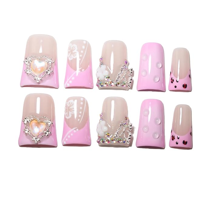 10Pcs Duck-shaped Handmade Press On Nails | French Style with 3D Floral & Rhinestone Decor | Easy to Apply, Remove & Reusable, Salon - Quality (251201, M)