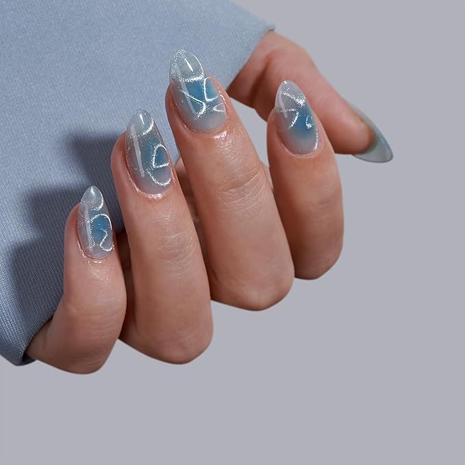 BTArtbox Press On Nails Short - Lamp-Curable Sparkly Blue Almond Press On Nails with Glue for Women, Semi-Transparent Soft Gel Glue On Nails in 16 Sizes - 32 Stick On Nails Kit, Blue Mirage