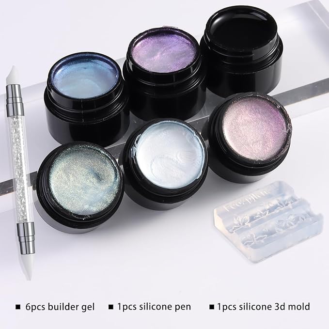 Solid Builder Gel Kit, 6 Colors Non Sticky Hand Hard Gels for Nails Iridescent Pink Clear 3D Sculpting Gel with Silicone Carving Pen Flowers Mold Pearly Polish Manicure Salon Supplies
