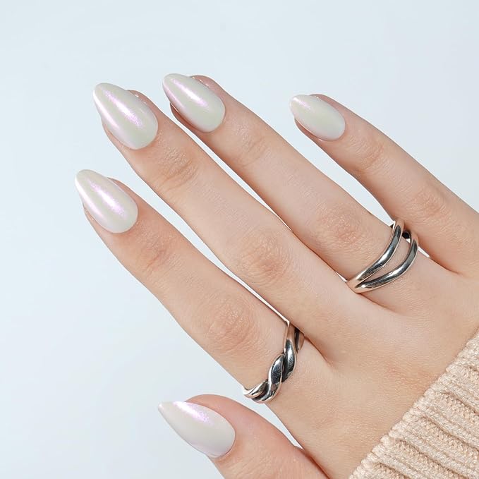 White Press On Nails Almond - White Almond Fake Nails, Short Press On Nails Chrome Reusable Stick On Nails in 16 Sizes, 32pcs False Nail Kit for Women & Girls(Pearl Whisper)