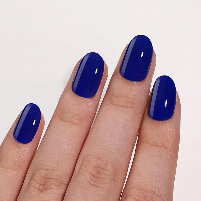 Short Almond Press on Nails Blue Glossy Fake Nails with Chrome Designs Glue on Nails Thickened Salon Quality False Nails Full Cover Stick on Nails Acrylic Nails for Women Nails Manicure Decor 32 Pcs