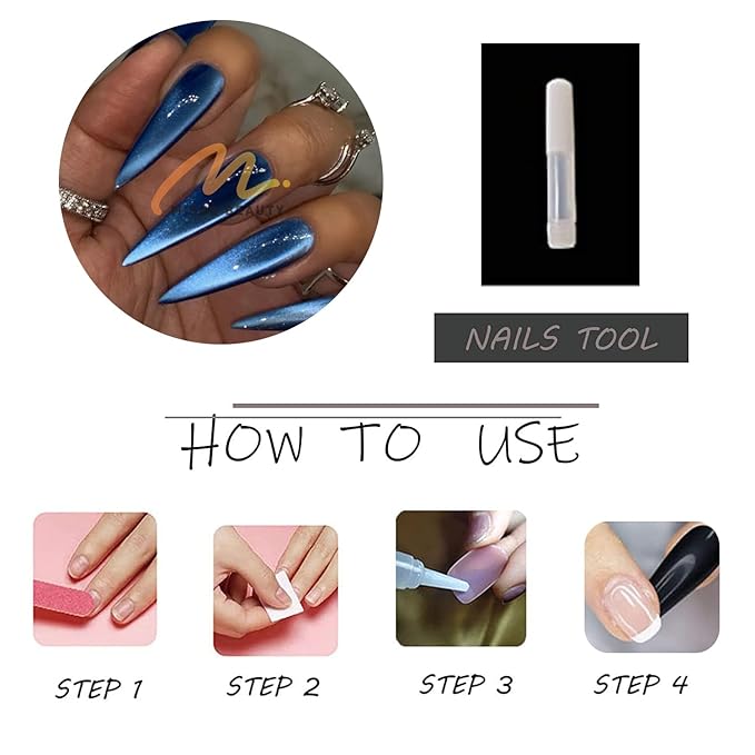 MISUD Press on Nails - Long Stiletto Fake Nails, Acrylic Summer Blue Cat Eye Design 24 pcs