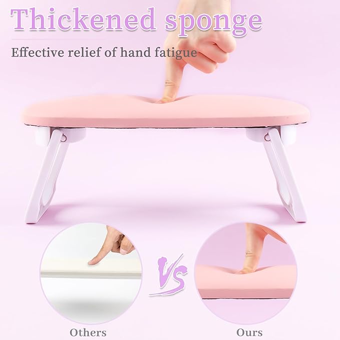 Nail Arm Rest, Professional Foldable PU Leather Nail Hand Rest with PVC Table Mat for Acrylic Nails, Soft Nail Hand Pillow Non-slip for Manicure Salon Use (higher-Pink)
