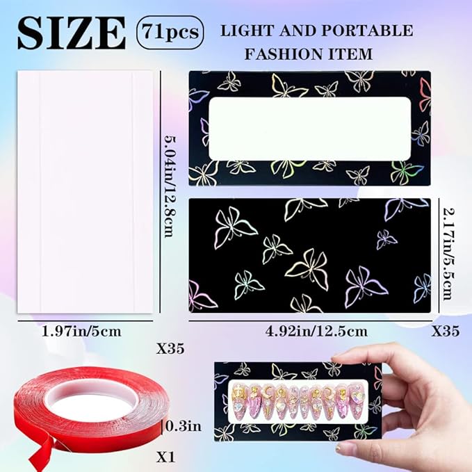 71 Pcs Empty Press on Nails Packaging Box 35 Pcs White Background Papers and 1 Double Sided Tape, Empty Nail Package Box Set for Press on Nail Business (Black)…