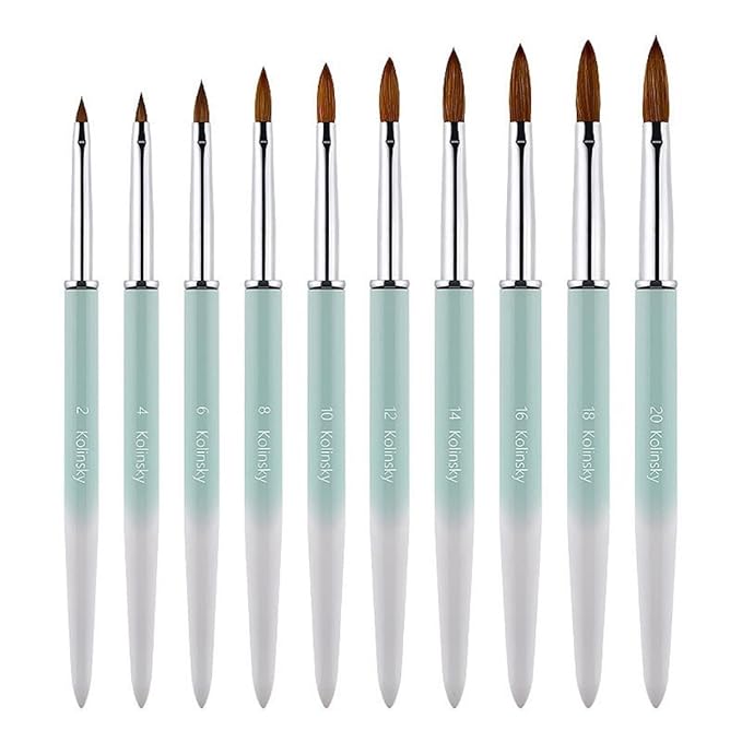 100% Pure Kolinsky Acrylic Nail Brush Size 10, Hair Acrylic Crystal Ombre White Green with Silver Ferrule Round Shaped for Women Girls Manicure Tools Accessories