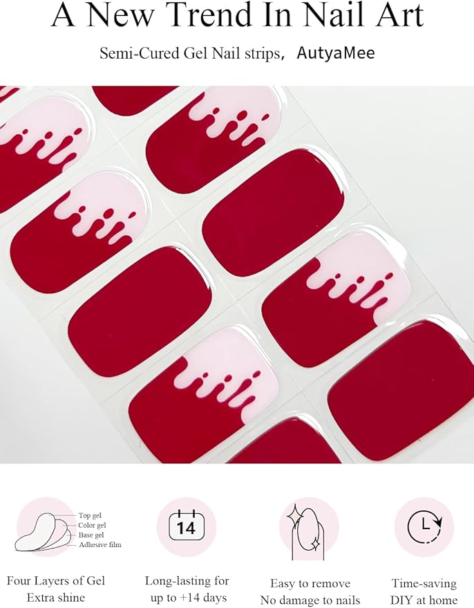 Semi Cured Gel Nail Strips (Red Blood Drip), Halloween, 20 Pcs Gel Nail Wraps, Stickers, Salon Quality, Long Lasting, Works With Any UV Lamps