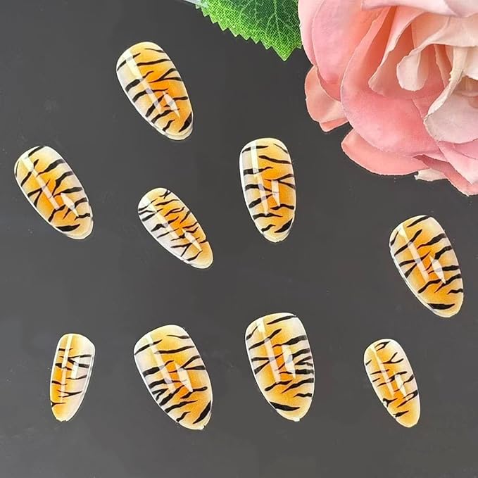 Press on Nails Medium Almond Fake Nails with Tiger Stripe Designs Gradient False Nails Glossy Animal Print False Nails Brown Orange Acrylic Nail Fall Stick on Nails Artificial Nail for Women 24Pcs