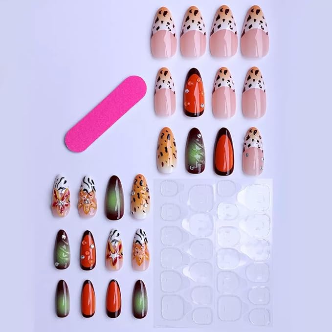 Almond Press on Nails Medium - Flower Fake Nails with Leopard Print Design - French Tip Full Cover Stick on Nails for Women 24 Pcs