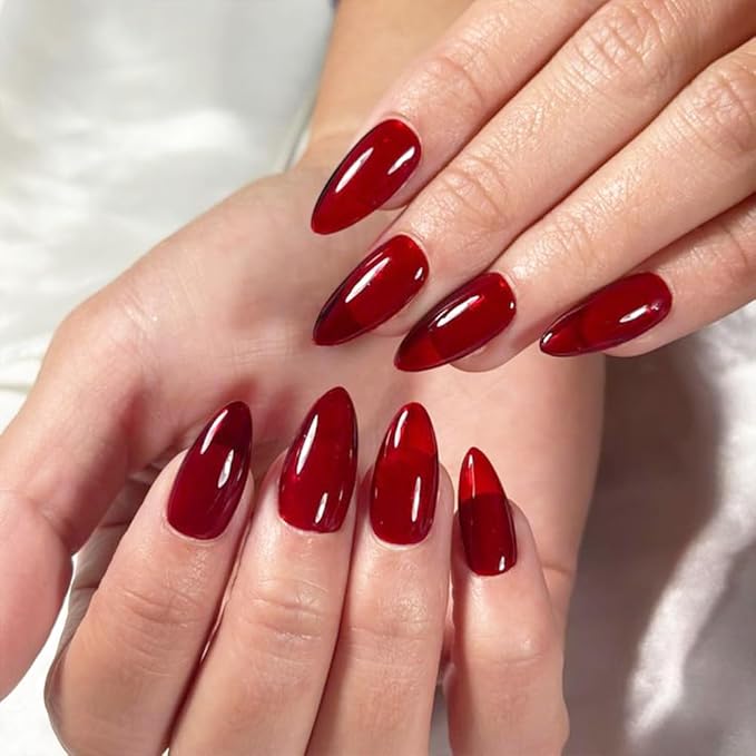 GLAMERMAID Ruby Red Press on Nails Medium Almond, Handmade Jelly Soft Gel Deep Dark Red Glue on Nails Stiletto, Burgundy Emo Fake Nails Short Oval, Reusable Acrylic Stick on False Nails Kit for Women