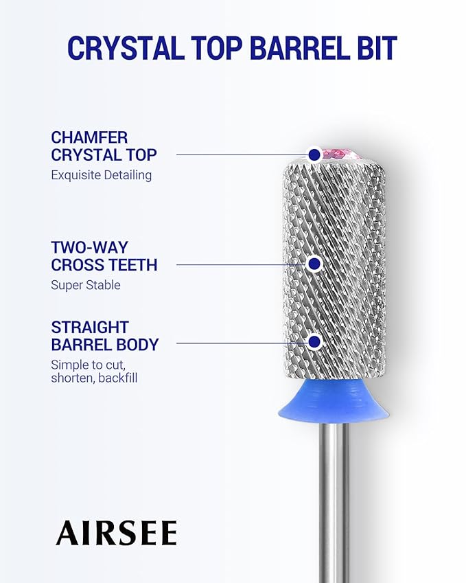 AIRSEE Tungsten Carbide Acrylic Nail Drill Bit Efile Electric File Machine Head Tip for Manicure Polishing Art Remove Gel 3/32" 2 Way Beginner Safety Pink Crystal Top Barrel Medium-M