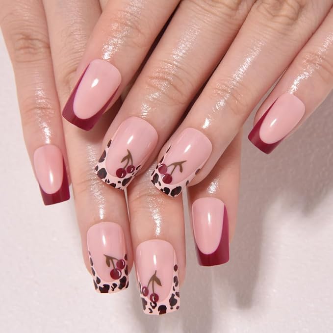 evpct Spring & Summer Press on Nails Medium Square, Cherry Fake Nails Press ons with 3D Pattern Design, Light Weight Perfectly Fit Fake Nails for Women Gift, Fake Nail Kit with Kits Gel, 24Pcs