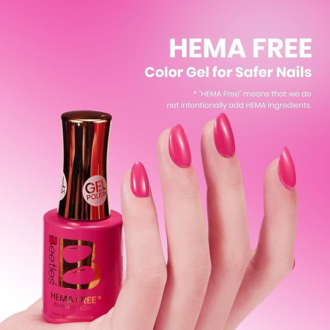 Beetles Raspberry Gel Nail Polish - Raspberry Kiss Hema Free Hot Pink Gel Polish, 15ML/0.51Fl Oz Same Color Same Bottle, Soak Off UV LED Lamp Neon Pink Nails, Spring Summer Nails Art Manicure Salon