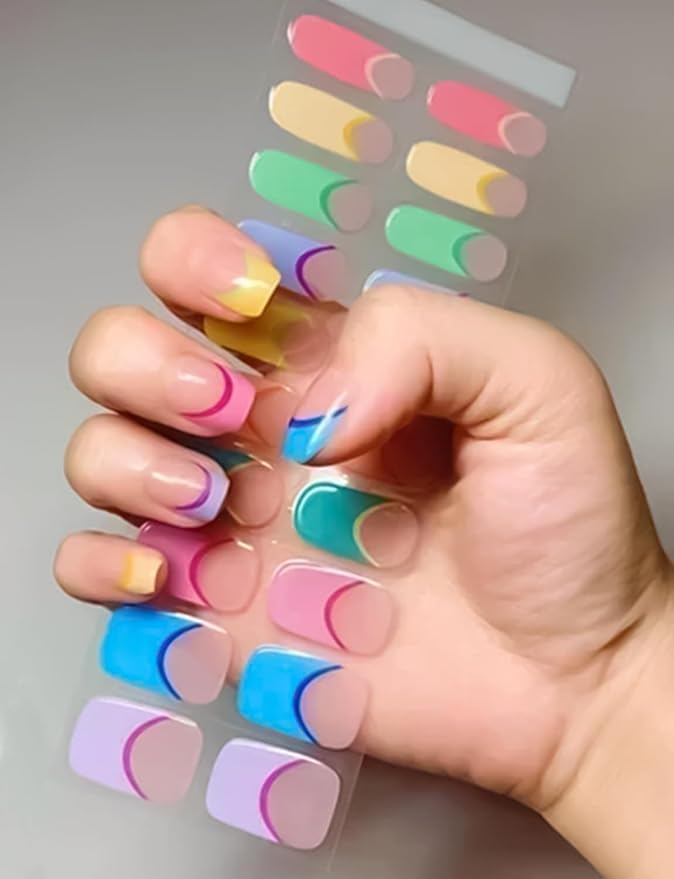 Semi Cured Gel Nail Strips, Spring Rainbow, 20pcs Macaron French Gel Nail Stickers Work with UV, Easy to Use and Remove