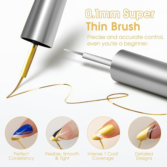 ROSALIND Metallic Nail Art Liner Gel Polish Set, 2pcs 11ml Silver Gold Gel Liner Nail Art Chrome 3D High-Gloss Effect for Nail Paint Design with Thin Brush DIY French Tips