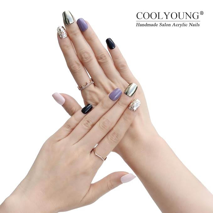 COOLYOUNG 25PC Short Glitter Press On Nails Soft Gel Acrylic Blush Pink Black Mix Reusable Fake Nails