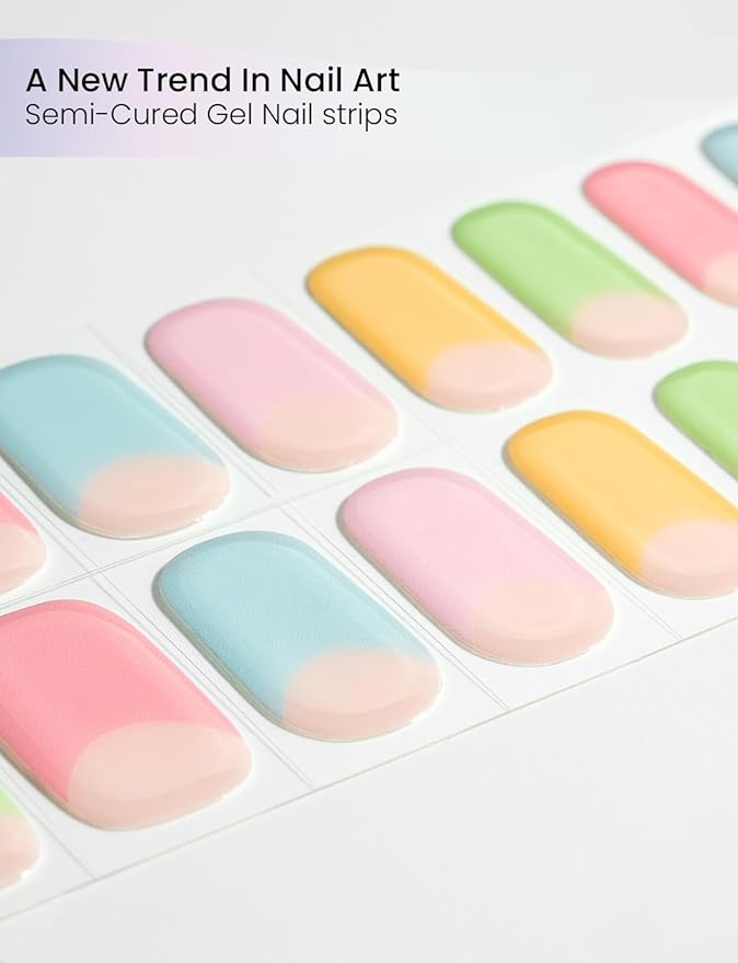 Semi Cured Gel Nail Strips | Built-In Gel Top Coat | UV Light Required | Salon Quality, Easy Application And Removal (Pastel Rainbow）