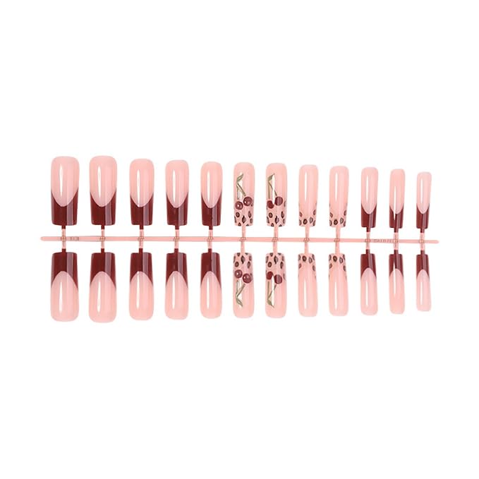 Long Press on Nails Square Fake Nails Red Acrylic Nail Press ons SEENEEY Cherry Leopard Stick on Nail for Women 24pcs