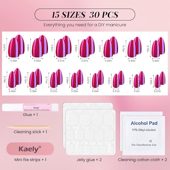 evpct Dark Red Press on Nails Almond Short, Dark Purple Red Chrome Glazed Glossy Short Almond Soft Gel Press On Nails with Nail Kit for Women Gift, 15 Sizes 30Pcs Reusable Stick Acrylic Fake Nail Kit