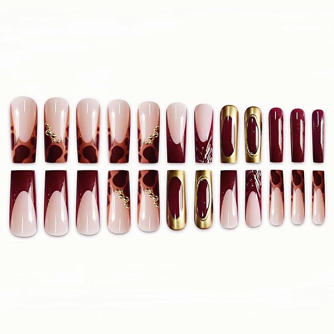 MISUD Press on Nails - Long Square Fake Nails with Burgundy Tortoise, Acrylic Gold Chrome Charms Design 24 pcs