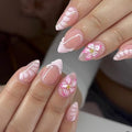 Press on Nails Almond - Short Fake Nails with Flower Design - Pink, French Tip False Nails Press ons - for Women 24 Pcs