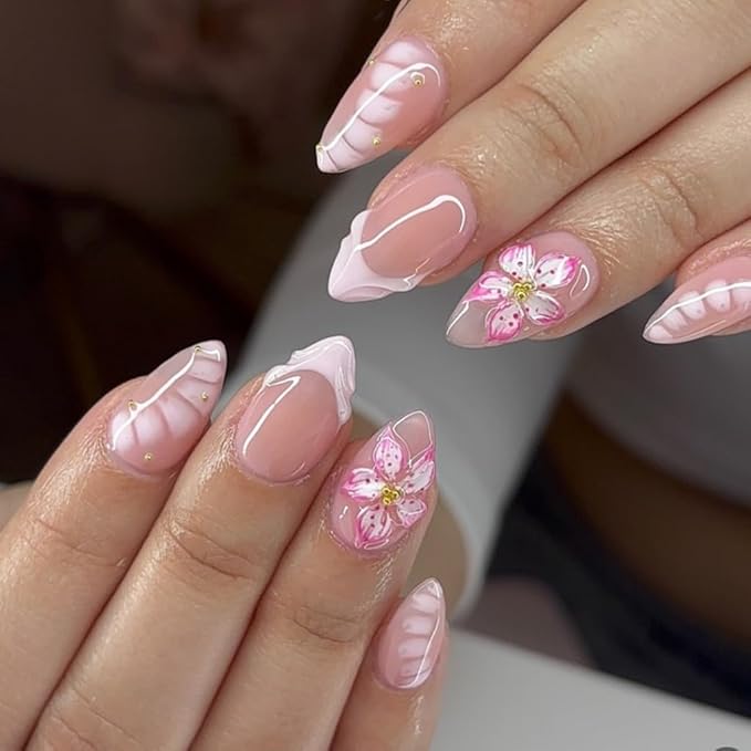 Press on Nails Almond - Short Fake Nails with Flower Design - Pink, French Tip False Nails Press ons - for Women 24 Pcs