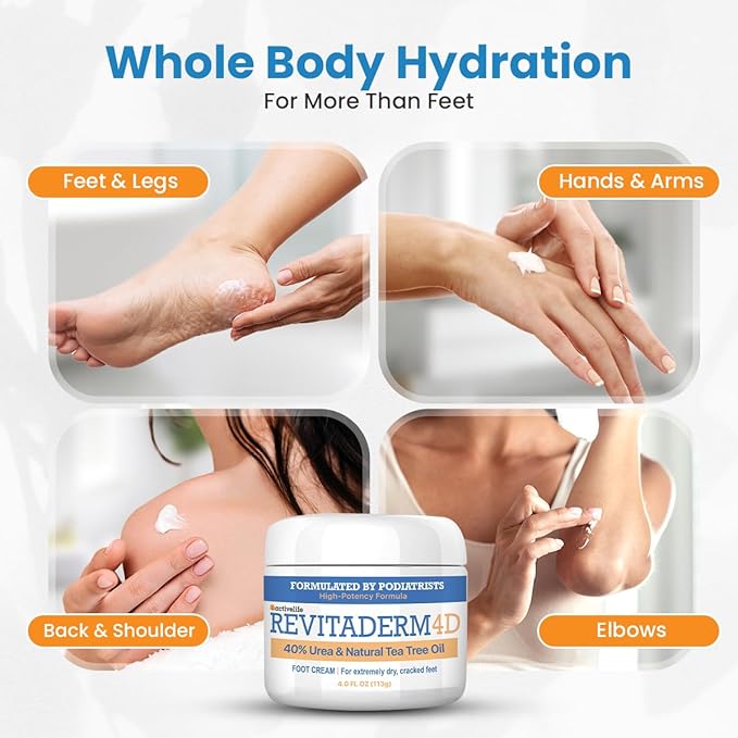 Revitaderm 4D Urea Cream 40% for Feet – Intensive Moisturizing Foot Cream for Dry, Rough & Callused Skin, Fast Absorbing & Fragrance Free, Includes Pumice Stone & Exfoliating Brush, 4 oz, 1 Pack