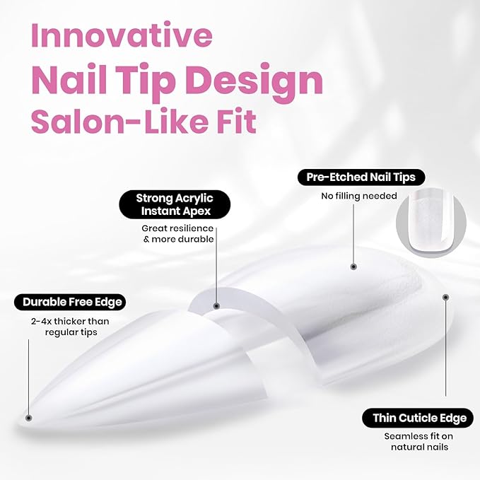 Beetles Tipex Lite Apex Nail Tips,Stiletto Medium,512pcs 16 Sizes,Pre-Building Pre-Etched Acrylic Nail Tips for Flat Nails & Natural Nail Beds