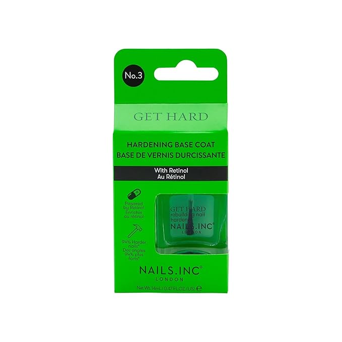 Nails Inc Get Hard, Hardening Base Coat, Retinol, Nail Strenthening, No Chip, Long Lasting, Quick Dry, Air Dry, Professional Manicures & Pedicures, Fingernails & Toenail, Vegan Nail Polish, 0.47 Fl Oz
