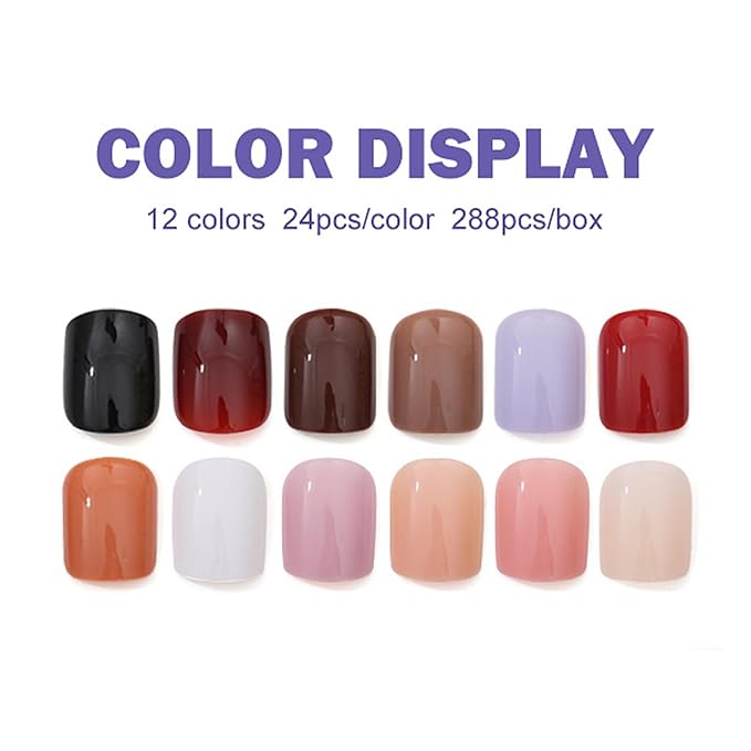 12Packs 288Pcs Square Press on Nails Short Square Fake Nails Glossy Nature False Nail Tips Solid Color Acrylic Nails Press ons Nail Kit for Women Girls Daily Wear Manicure 12 Colors