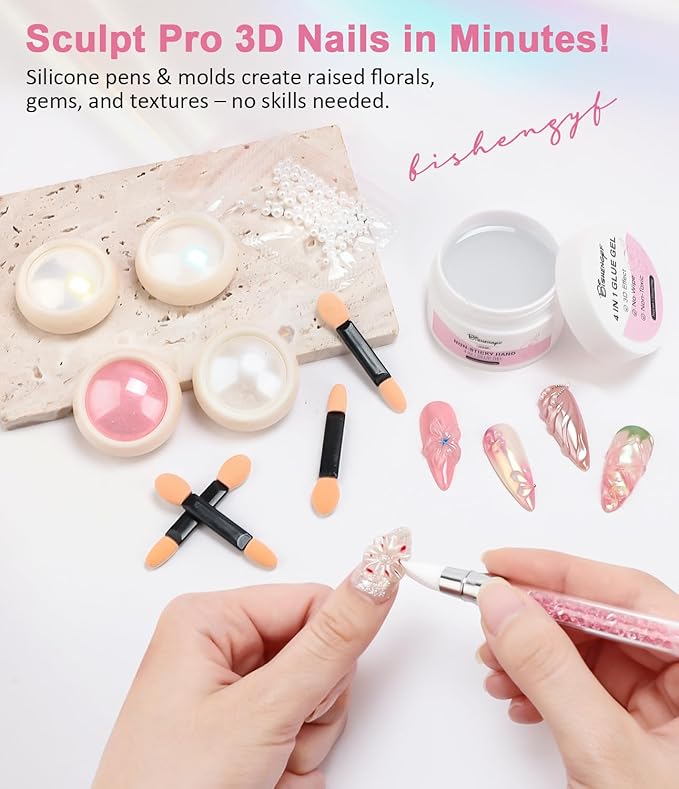 Chrome Nail Powder and Solid Builder Gel Kit BISHENGYF: 30g 4 In 1 No Wipe 3d Sculpting Nail Gel Aurora Pink White Pearl Chrome Nail Powder Clear Non-Sticky Hand Extension Glue for Nail Decoration