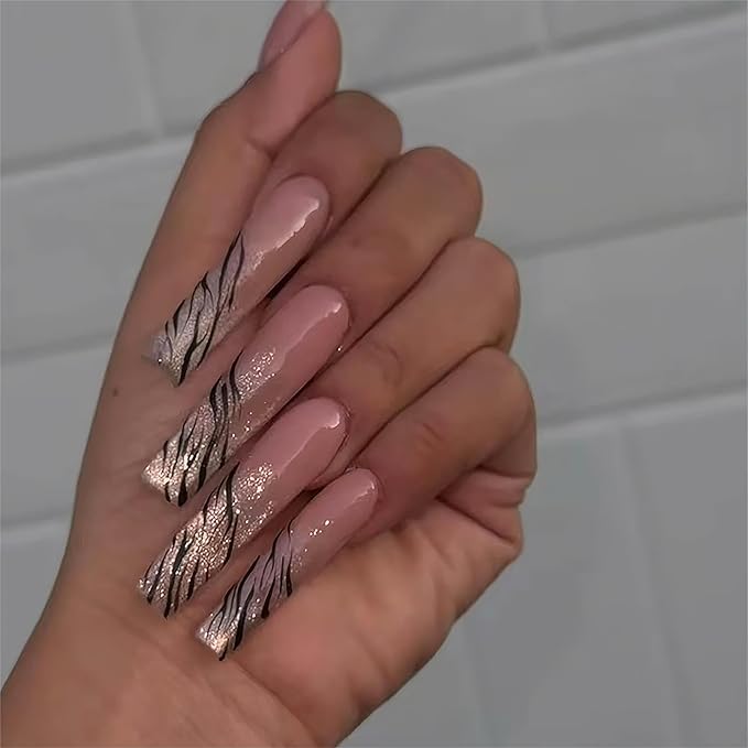 Long Press on Nails Square Fake Nails Silver Glitter French Tip False Nails with Silver Swirl Design Acrylic Nails Long Square Glue on Nail Full Cover Stick on Nail for Women 24Pcs