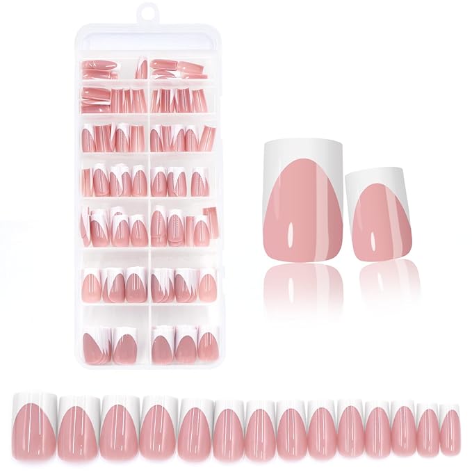 280pc French Tips Press on Nails Medium Square Fake Nail with Glue Tabs, French Tips Glue on Nails Press on Nail Square Acrylic Nails Medium Artificial Fingernails Women Girls Naked Nude False Nails