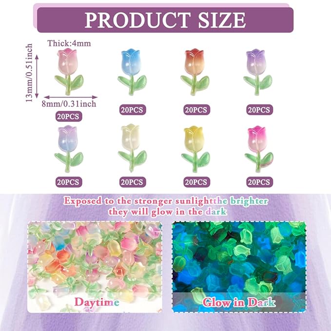 160Pcs Glow in The Dark Tulip Nail Charms Luminous Tulip Flower Nail Art Charms 3D Flower Nail Art Decoration for Manicure