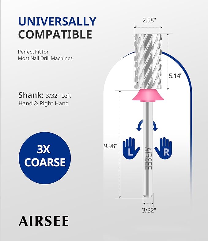 AIRSEE Tungsten Carbide Acrylic Nail Drill Bit Efile Electric File Machine Head Tip for Manicure Polishing Art Remove Gel 3/32" 2 Way Professional Tech Flat Top Cylinder Barrel 3X Coarse-3XC