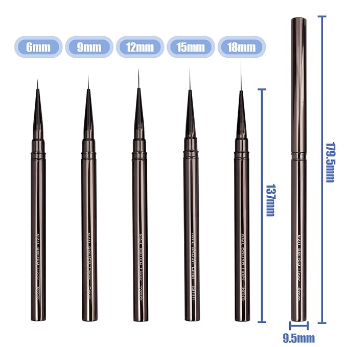 Mesee 5 Pieces Nail Art Liner Brush Set, Nail Art Pens 6/9/12/15/18mm Fine Painting Nail Art Brushes Detail Nail Brushes Facial Painting Pen Brush Nail Dotting Drawing Tool for Tiny Details Long Lines